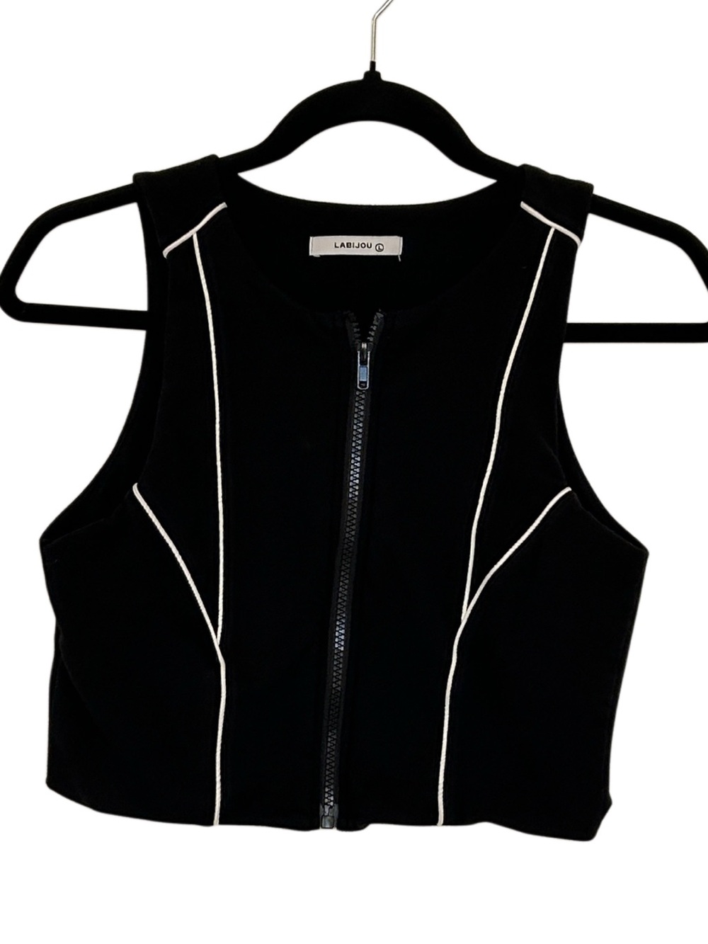 LABIJOU Black Piping Full Zip Sleeveless Crop Top Tank Size L